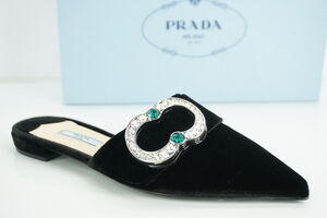 Prada Velvet Crystal Broach Pointy Mule Flat jewel broach